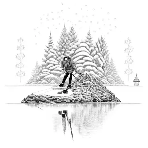 person skating on frozen lake, at sun set, with big pine trees lining tattoo design idea