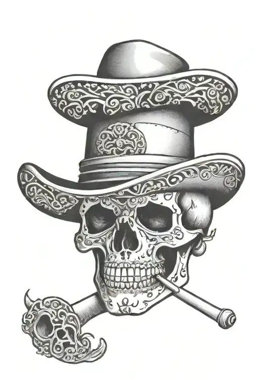 dead mariachi skull with hat mustache tattoo design idea