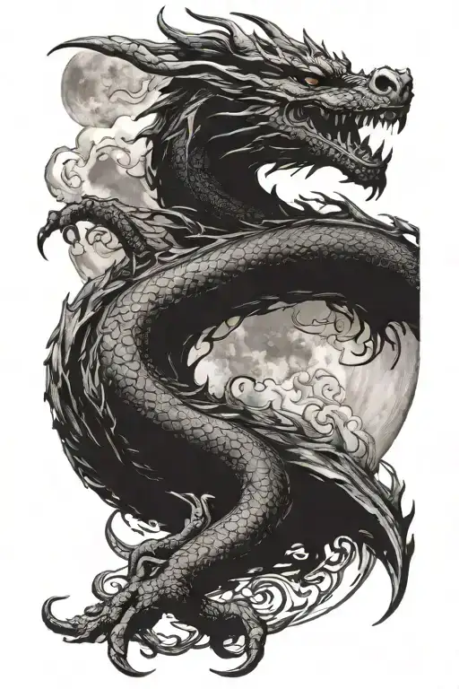 asian ink shadow dragon with moon tattoo design idea