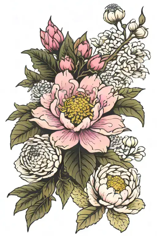 peony, chrysanthemum, water lily, hawthorn flower tattoo design idea