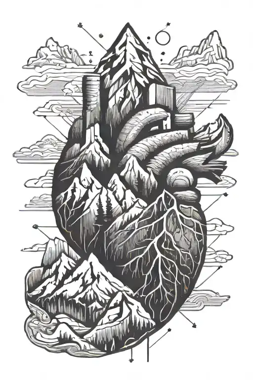 Mountain and real human heart made tattoo design idea