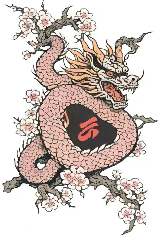 Generate a photo of a Chinese dragon crawling around a sakura branch, while the branch itself and the dragon crawling ar tattoo design idea