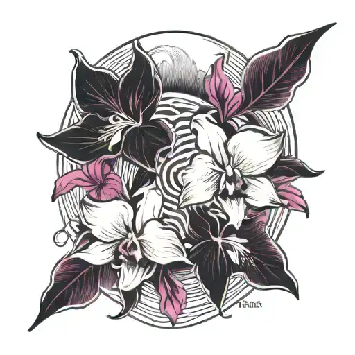 a black an white carpe circled by magenta orchids ande a wave  tattoo design idea