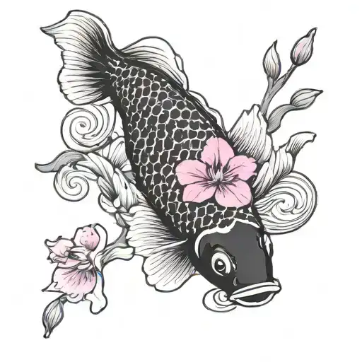 a black an white carp koi circled by magenta orchids ande a wave  tattoo design idea