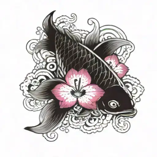a black an white carp koi with magenta orchids and a wave, all in a circular form  tattoo design idea