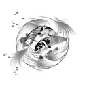 a black and white koi carp in movement, as if jumping out of the water surrounded by 11 magenta orchids. tattoo design idea