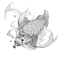 a black and white koi carp in movement, as if jumping out of the water surrounded by 11 magenta orchids. tattoo design idea