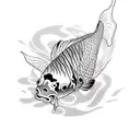 a black and white koi carp in movement, as if jumping out of the water surrounded by 11 magenta orchids. tattoo design idea