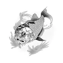 a black and white koi carp in movement, as if jumping out of the water surrounded by 11 magenta orchids. tattoo design idea
