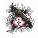 a black an white carp koi with magenta orchids and a wave, all in a circular form  tattoo design idea