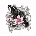 a black an white carp koi with magenta orchids and a wave, all in a circular form  tattoo design idea
