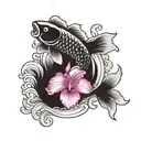 a black an white carp koi with magenta orchids and a wave, all in a circular form  tattoo design idea