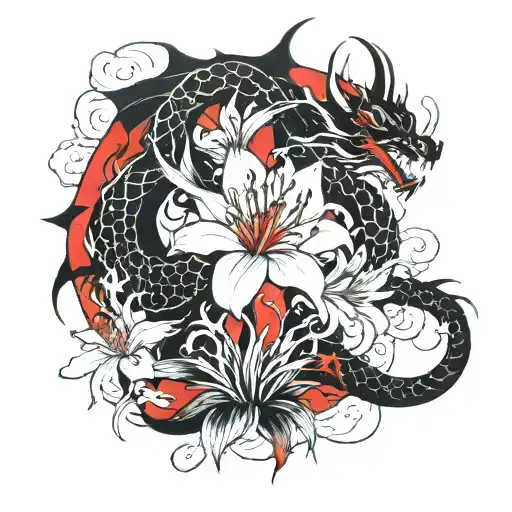 The dragon with clouds is black and red spider lily tattoo design idea