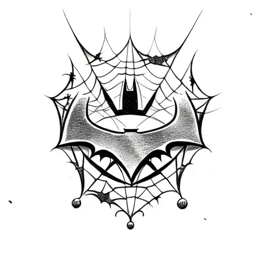 tattoo black, batman logo surrounded by spider web, modern, line style, minimalist tattoo design idea