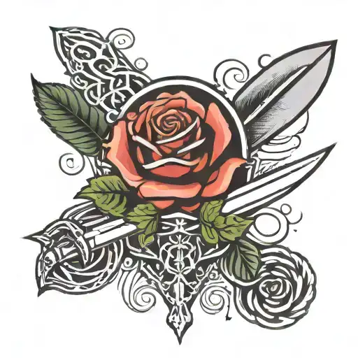 hart,roses knife and parachute symbol tattoo design idea