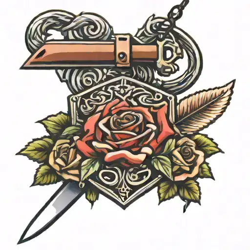 hart rose knife crossed and parachute hanging pendant tattoo design idea