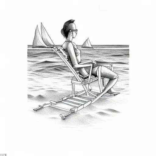 A sketch-style tattoo of a phlebotomist sitting on a beach chair, with the ocean in the background tattoo design idea