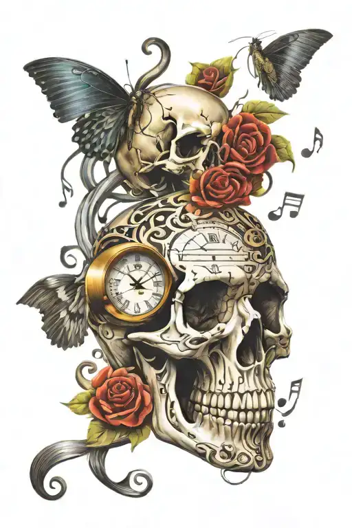 time and skull hearing music notes flowing tattoo design idea