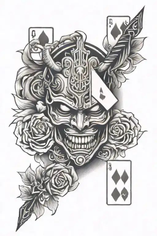 playing card and oni mask tattoo design idea