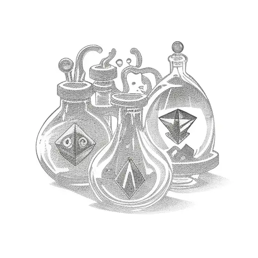 potion bottles, crystals, planchette and witchy things tattoo design idea