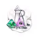 potion bottles, crystals, planchette and witchy things tattoo design idea