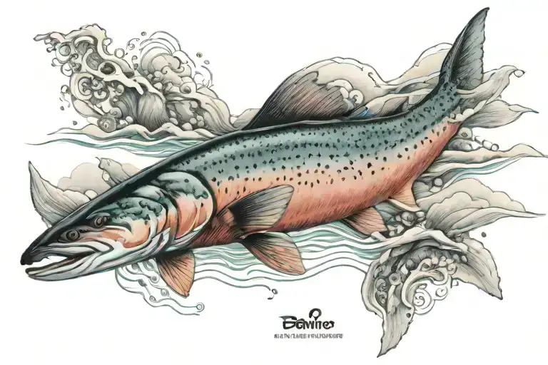 salmon with beach landscape tattoo design idea