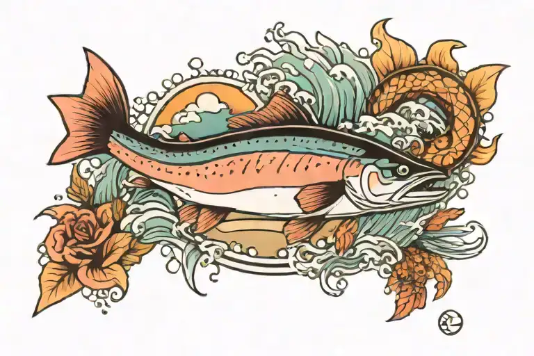 salmon with beach scene tattoo design idea