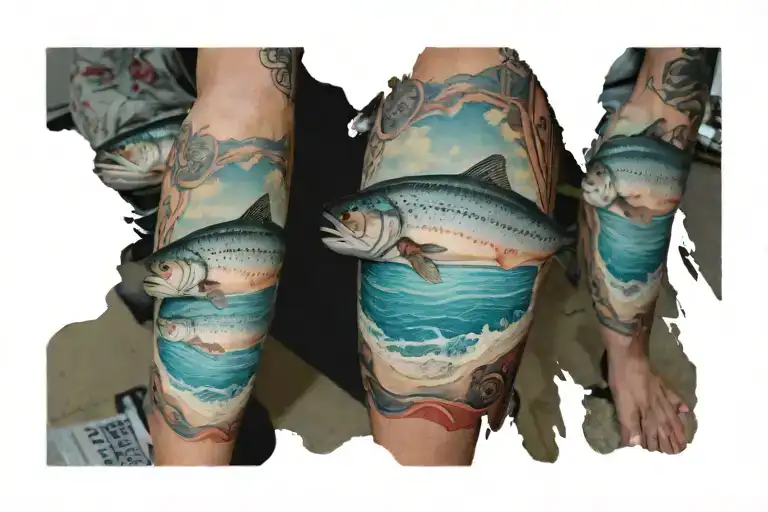 salmon with beach scene inside tattoo design idea