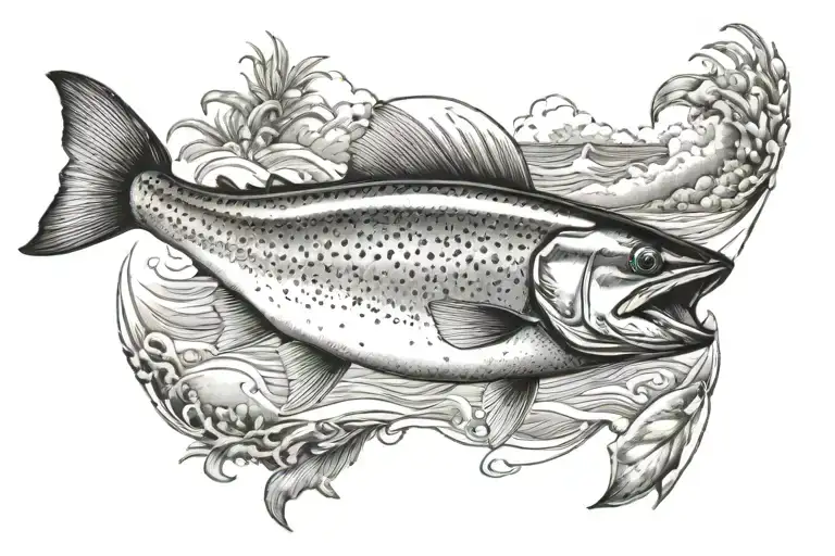 salmon with beach scene in body  tattoo design idea