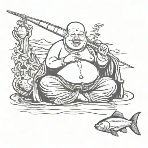 fat buddha fishing tattoo design idea