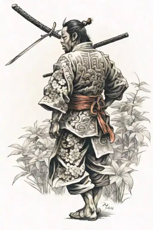 I WANT A SAMURAI SEEN FROM BEHIND STANDING IN AN ASIAN GARDEN tattoo design idea
