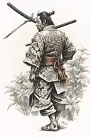 I WANT A SAMURAI SEEN FROM BEHIND STANDING IN AN ASIAN GARDEN tattoo design idea