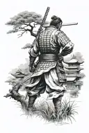 I WANT A SAMURAI SEEN FROM BEHIND STANDING IN AN ASIAN GARDEN tattoo design idea