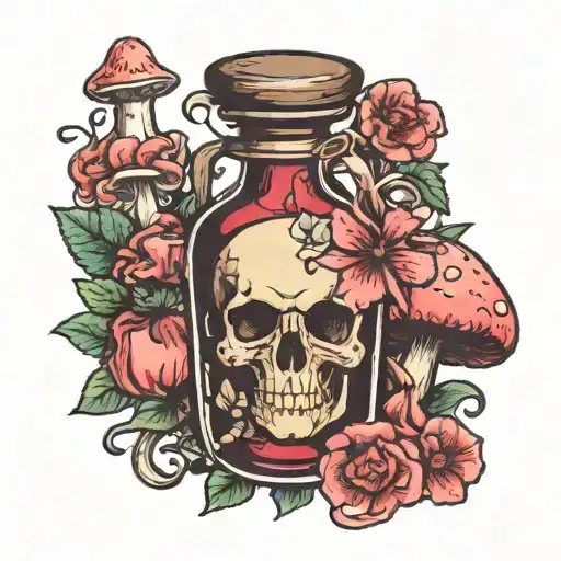 potion bottle with mushrooms, flowers and breast cancer ribbon  tattoo design idea