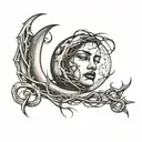moon with barwire outline with face crying tattoo design idea