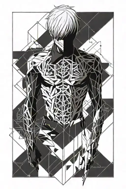 tattoo with the body of kaneki from Tokyo ghoul, black and white, include geometric shapes to make it modern and for a f tattoo design idea