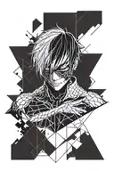 tattoo with the body of kaneki from Tokyo ghoul, black and white, include geometric shapes to make it modern and for a f tattoo design idea