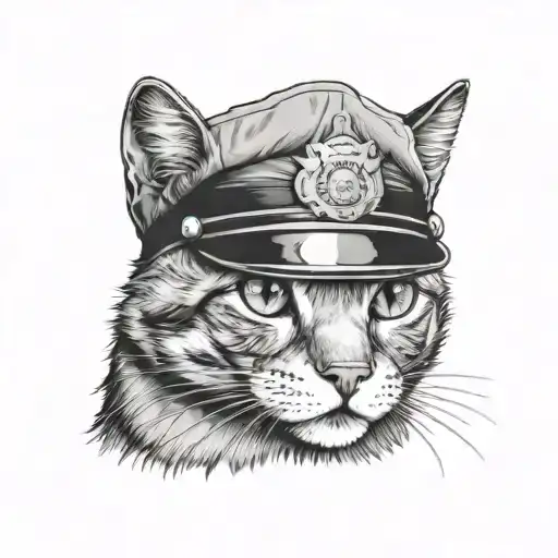 A black and grey portrait of a cat wearing a police hat tattoo design idea