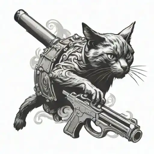 A mystical black cat emerging from the barrel of a gun, surrounded by swirling smoke tattoo design idea