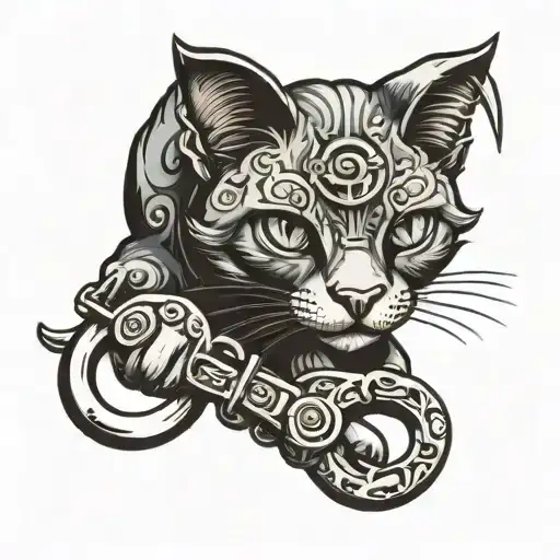 A neotraditional tattoo of a cat playing with handcuffs tattoo design idea