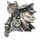 A black and grey portrait of a police officer with a cat on their shoulder tattoo design idea