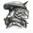 A black and grey portrait of a police officer with a cat on their shoulder tattoo design idea