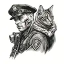 A black and grey portrait of a police officer with a cat on their shoulder tattoo design idea