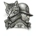 A black and grey portrait of a police officer with a cat on their shoulder tattoo design idea