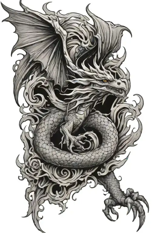 dragon breathing flames with phoenix rising from ashes tattoo design idea