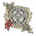 A cross with two banners - one above and one below - reading “finitum non” and “capax infiniti” tattoo design idea