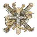 A cross with two banners - one above and one below - reading “finitum non” and “capax infiniti” tattoo design idea