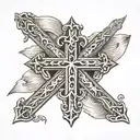 A cross with two banners - one above and one below - reading “finitum non” and “capax infiniti” tattoo design idea