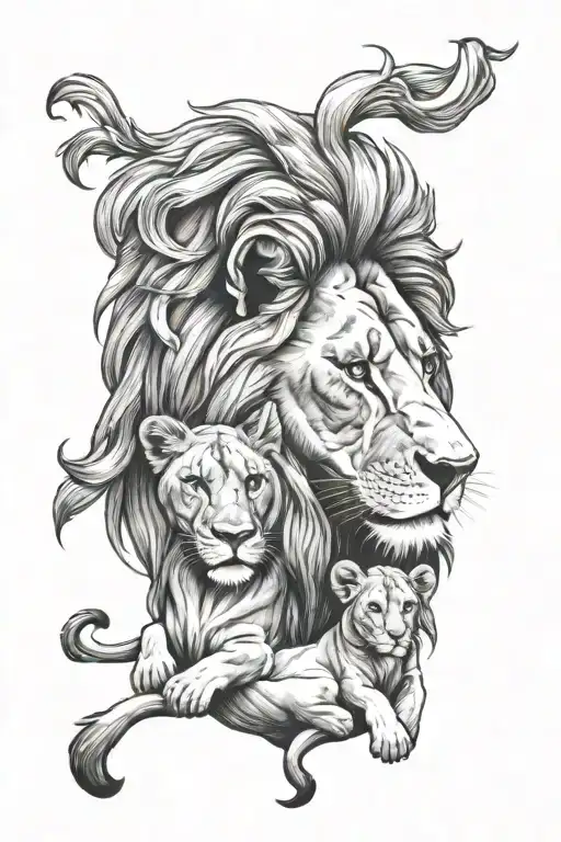 lion with lioness protecting her cubs tattoo design idea
