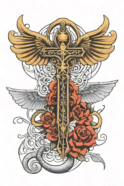 Metal Egyptian Ankh with bat wings that are torn up a little  tattoo design idea